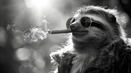 Wall Mural - a sloth smoking a cigarette in a black and white photo with a boke of smoke coming out of its mouth.