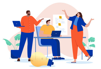 Poster - People working in office together - Team of three characters with laptop computers, talking and coming up with idea and plan for business project. Flat design cartoon style vector illustration