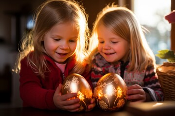 Two girls decorating traditional easter eggs with intricate designs in vibrant colors