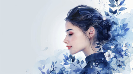 Wall Mural - Beautiful fashion model woman with blue eyes. Fashion portrait isolated on white and navy blue floral background	, copy space for text, cards, banners, posters 	

