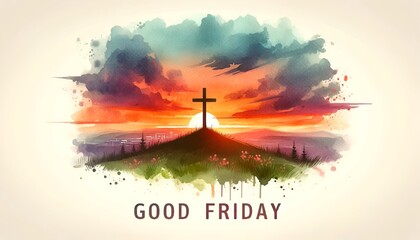 Wall Mural - Illustration in watercolor style for good friday with a cross on a hill.