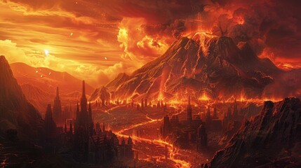 Wall Mural - Dramatic illustration of the last moments before a volcanic apocalypse, with cities in the path of flowing lava.