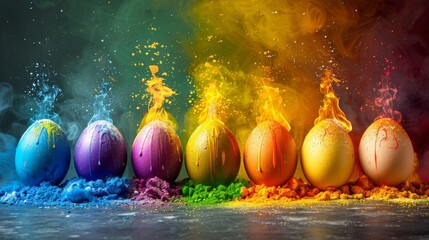 Wall Mural - a group of colorful eggs sitting on top of each other in front of a rainbow colored cloud of smoke and water.