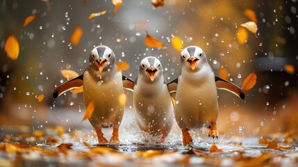 Sticker - a group of three penguins standing on top of a body of water next to a forest filled with orange leaves.