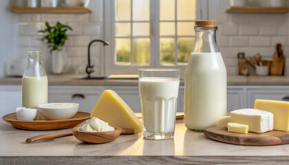 A bottle of cow's milk is placed among various dairy products, World Milk Day