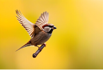 Flying House sparrow on white background (Passer domesticus)