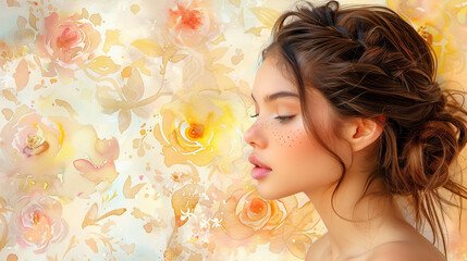 Wall Mural - Beautiful fashion model woman with blue eyes. Fashion portrait isolated on yellow spring summer background	
