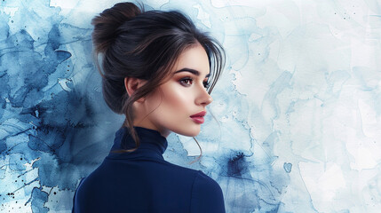 Wall Mural - Beautiful fashion model woman with blue texture background. Fashion portrait isolated on white background	, copy space for text, cards, banners, posters 	

