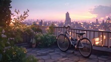 Sunset Over The City And Bicycle View