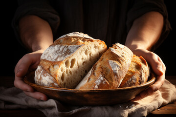 high quality photo of a hands holding bread, only hands and a dish in the frame сreated with Generative Ai