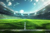 Fototapeta Sport - This dynamic illustration captures the electric atmosphere of a soccer match with vibrant green grass, enthusiastic fans, and the grandeur of the stadium, inviting viewers into the heart of the game