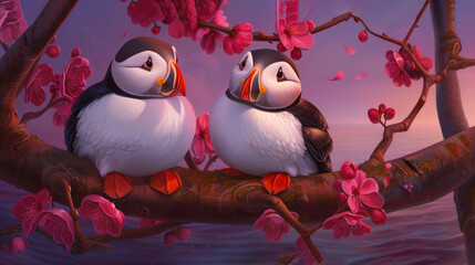 Poster - a couple of birds sitting on top of a tree branch next to a pink flower filled tree filled with pink flowers.