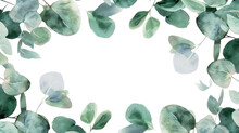 Watercolor Banner With Green Eucalyptus Leaves And Branches On Transparent. Spring Or Summer Flowers For Invitation, Wedding Or Greeting Cards.