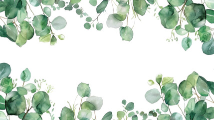 watercolor banner with green eucalyptus leaves and branches on transparent. spring or summer flowers