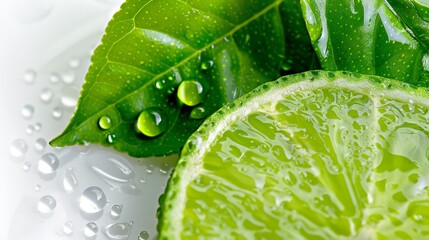 Wall Mural - Fresh lime with leaf and water droplets for natural refreshment. Close-up of green citrus fruit for healthy lifestyle. Vibrant lime and leaf with dew for invigorating background.