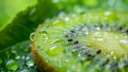 Wall Mural - Closeup of dew on green kiwi for natural freshness concept. Detailed macro shot of water droplets on a sliced kiwi fruit.