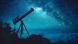 The image is a beautiful landscape of a starry night sky. A telescope is set up in the foreground, pointed up at the stars.