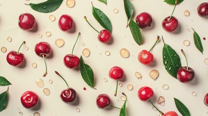 Wall Mural - Ripe cherries with sparkling water droplets and green leaves. Luscious red cherry display on a neutral background. Freshly picked cherries with dew, perfect for nutritious snacking.
