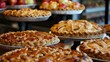 A variety of delicious pies are displayed on a table. The pies have different crusts and fillings, and are sure to please any taste.