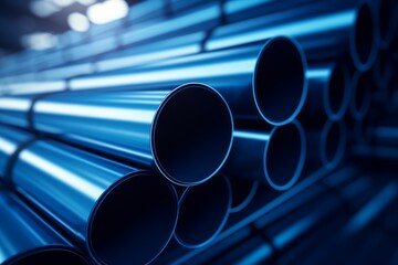 A collection of blue steel pipes neatly stacked in rows inside a warehouse.