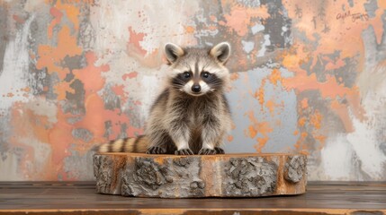 Sticker - a raccoon sitting on top of a piece of wood with a grungy wall in the background.