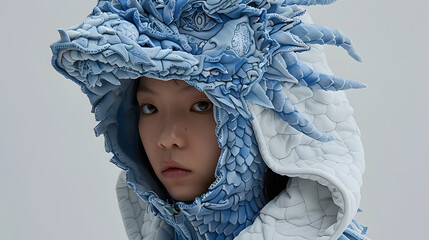 woman wearing surreal blue dragon shaped quilted hoodie with a voluminous layers of dragon texture, the hood part is made of blue dragons head , use blue and white as colour, avantgarde futurepunk sty