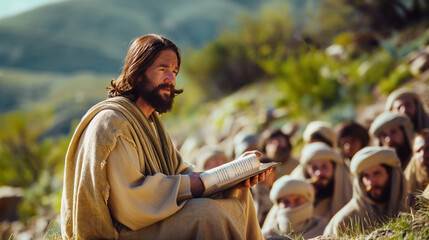 Jesus delivering the Sermon on the Mount, offering blessings and teachings of love and compassion, with copy space