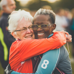 Two senior women hugging after a sports race multi-ethnic.