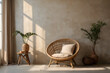 Empty beige wall mockup in boho room interior with wicker armchair and vase. Natural daylight from a window. Promotion background
