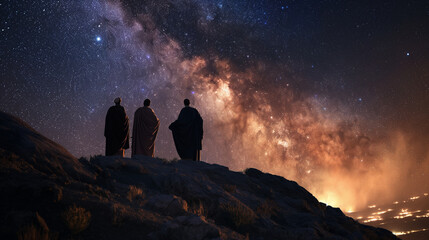  Jesus on the mountaintop with Moses and Elijah, bathed in divine light, with the Milky Way as the backdrop, illustrating a connection between heaven and earth, with copy space