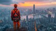 A lone construction worker takes a brief moment to survey the sprawling cityscape from the roof of the building site. Clad in a safety harness and reflective gear