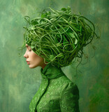 Fototapeta  - Side profile of a woman with a headdress made of green pea shoots