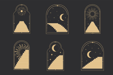 Wall Mural - set arch window line frame celestial, mystic with staircase, astrology symbols moon and sun, line bo