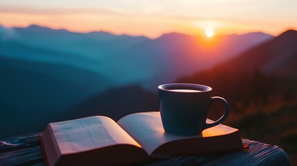 Poster - A cup of coffee and a book on a table by the hills in the morning, with a serene view of the moiuntain