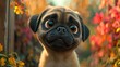 A playful pug puppy, with big, soulful eyes, sitting obediently by an elegant front door, its head slightly cocked, and its tail thumping against the floor in anticipation of a fun-filled outing