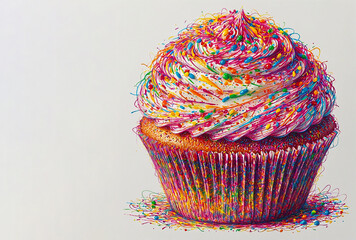 Wall Mural - beautiful delicious cupcake on a white background. festive dessert for birthday. illustration in pointillism style.