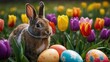 bunny in the meadow with tulips and colored eggs, easter image
