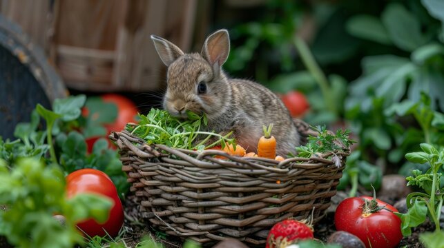 A small bunny found its way into a vegetable basket left on the floor, nibbling on carrots and greens, with bits of veggies scattered around