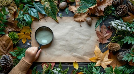 Wall Mural - A top-down view of a child's drawing area, with a hand holding a magnifying glass over a blank paper, surrounded by nature-inspired art supplies, including leaves, twigs, and stones