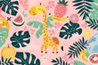 © AiHRG Design - A magnificent giraffe gracefully stands amidst a lush array of vibrant tropical leaves and fruits, showcasing the beauty of wildlife in a lush environment.
