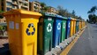 A vibrant array of yellow, green, and blue recycling bins stands prominently against a clear blue sky, each labeled for plastic, paper, and glass respectively. The bins, positioned side by side