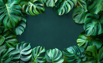 Wall Mural - Green monstera leaves forming a frame on a dark background