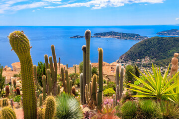 scenic view of the mediterranean coastline, medieval houses and exotic garden from the top of the me