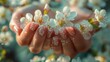 A woman's hands gently cradling a cluster of fresh white spring flowers, her nails adorned with a sophisticated manicure featuring intricate floral patterns that echo the natural elegance