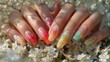 A woman's hands with nails featuring a gradient of spring colors, from soft pinks to fresh greens, each fingertip adorned with tiny painted blossoms, positioned against a dreamy background