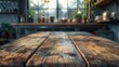 Against a backdrop of a cozy, blurred kitchen interior, a rugged wooden table top demands focus. Its natural imperfections and grunge texture make it an ideal stage for presenting handcrafted