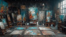 An Artist's Studio Flooded With Natural Light, Canvases In Various States Of Completion, Paint Tubes Scattered, And A Focused Painter At Work