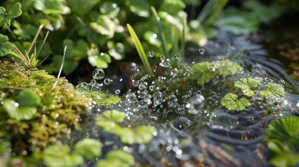 Wall Mural - a close up of a stream of water with green plants in the background and water droplets in the foregr