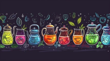 A doodle banner for tea time featuring a set of colored tea icons. Glass teapots containing various kinds of tea are depicted on a dark background