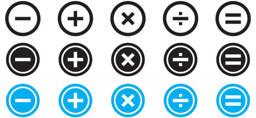 Sticker - Calculator icon. Calculate symbol. Accounting signs. Finance symbols. Math icons. Plus, minus, equal, division, multiplication. Black, flat color. Vector sign. plus minus icon 